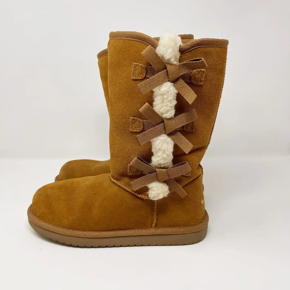 Koolaburra by UGG Suede Bow Tall Boots Tan Chestnut Victoria Womens Size 5 Cozy